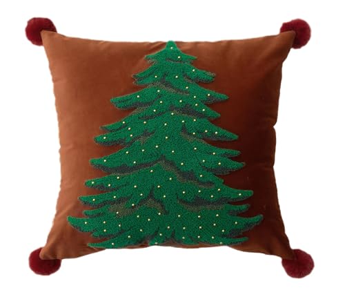 Fennco Styles Embroidered Christmas Tree Filled Throw Pillow with Pom Pom 18" W x 18" L - White Festive Cushion for Home, Christmas, Winter Holidays Décor, and Special Occasions