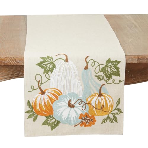 Fennco Styles Harvest Pumpkin Embroidered Table Runner, 16" × 70" – Natural