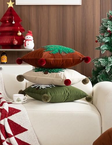 Fennco Styles Embroidered Christmas Tree Filled Throw Pillow with Pom Pom 18" W x 18" L - White Festive Cushion for Home, Christmas, Winter Holidays Décor, and Special Occasions