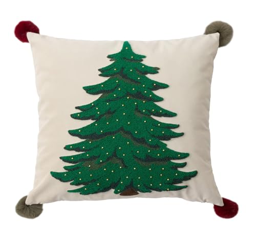 Fennco Styles Embroidered Christmas Tree Filled Throw Pillow with Pom Pom 18" W x 18" L - White Festive Cushion for Home, Christmas, Winter Holidays Décor, and Special Occasions