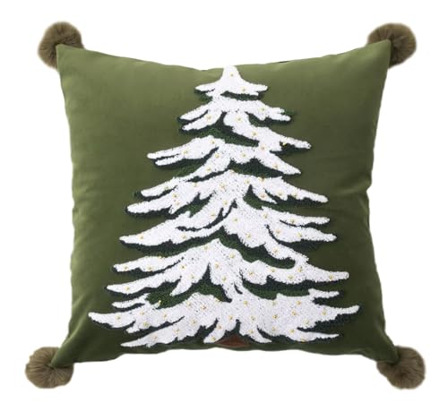 Fennco Styles Embroidered Christmas Tree Filled Throw Pillow with Pom Pom 18" W x 18" L - White Festive Cushion for Home, Christmas, Winter Holidays Décor, and Special Occasions