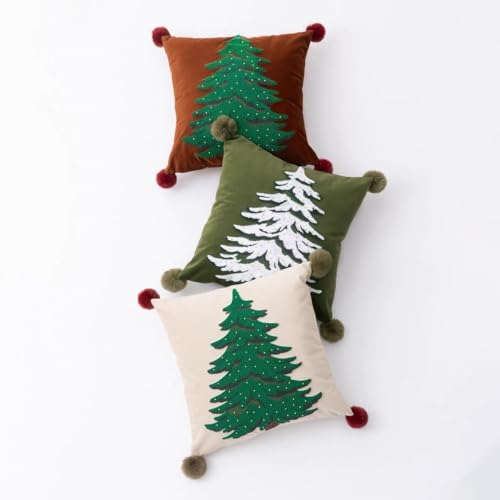 Fennco Styles Embroidered Christmas Tree Filled Throw Pillow with Pom Pom 18" W x 18" L - White Festive Cushion for Home, Christmas, Winter Holidays Décor, and Special Occasions