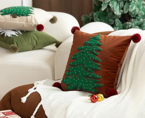 Fennco Styles Embroidered Christmas Tree Filled Throw Pillow with Pom Pom 18" W x 18" L - White Festive Cushion for Home, Christmas, Winter Holidays Décor, and Special Occasions