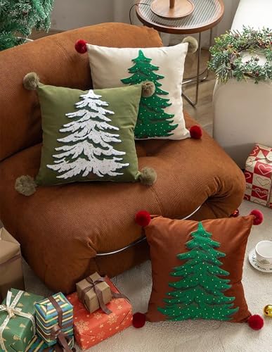 Fennco Styles Embroidered Christmas Tree Filled Throw Pillow with Pom Pom 18" W x 18" L - White Festive Cushion for Home, Christmas, Winter Holidays Décor, and Special Occasions
