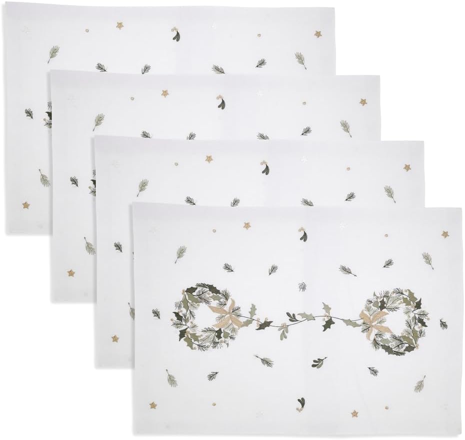 Fennco Styles Embroidered Wreath Christmas Placemats 14"×20", Set of 4
