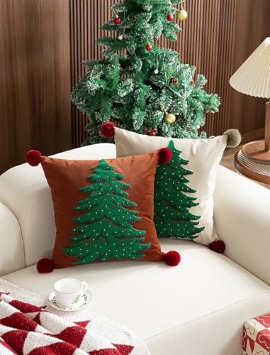 Fennco Styles Embroidered Christmas Tree Pom Pom Throw Pillow Cover 18" W x 18" L - Green Festive Cushion Case for Home, Christmas, Winter Holidays Décor, and Special Occasions