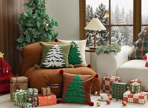 Fennco Styles Embroidered Christmas Tree Filled Throw Pillow with Pom Pom 18" W x 18" L - White Festive Cushion for Home, Christmas, Winter Holidays Décor, and Special Occasions