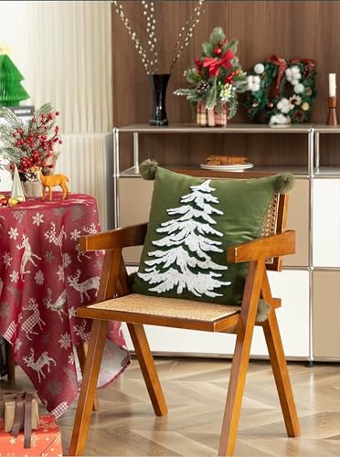 Fennco Styles Embroidered Christmas Tree Filled Throw Pillow with Pom Pom 18" W x 18" L - White Festive Cushion for Home, Christmas, Winter Holidays Décor, and Special Occasions