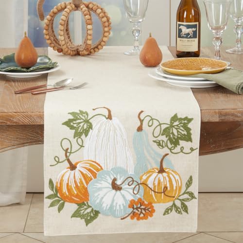 Fennco Styles Harvest Pumpkin Embroidered Table Runner, 16" × 70" – Natural