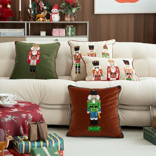 Fennco Styles Embroidered Sequin Nutcracker Velvet Throw Pillow Cover 18"×18"