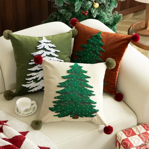 Fennco Styles Embroidered Christmas Tree Filled Throw Pillow with Pom Pom 18" W x 18" L - White Festive Cushion for Home, Christmas, Winter Holidays Décor, and Special Occasions