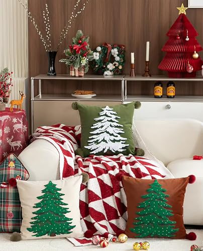 Fennco Styles Embroidered Christmas Tree Filled Throw Pillow with Pom Pom 18" W x 18" L - White Festive Cushion for Home, Christmas, Winter Holidays Décor, and Special Occasions