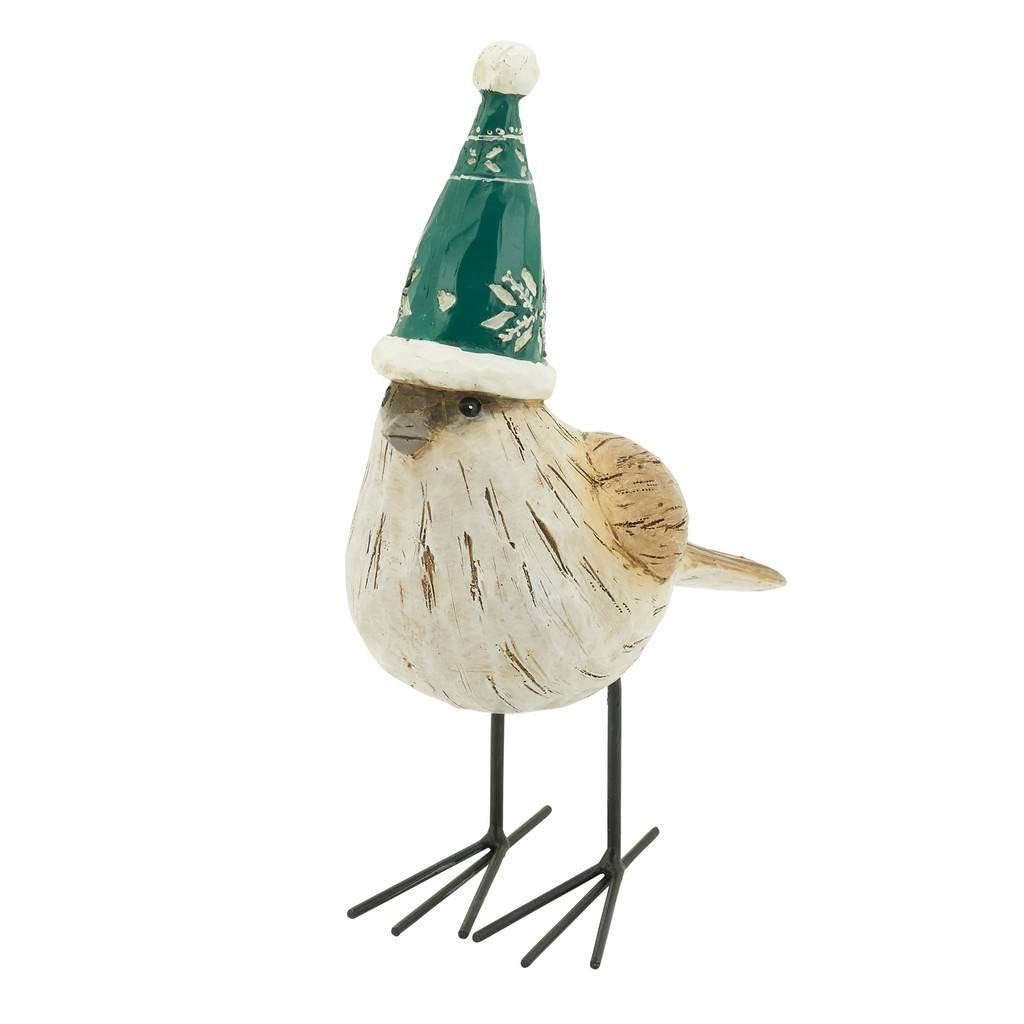 Fennco Styles Decorative Resin 4.5" High Standing Bird with Winter Hat Sculpture Figurine for Farmhouse, Tabletop, Bookshelf, Garden, Christmas and Holiday Décor