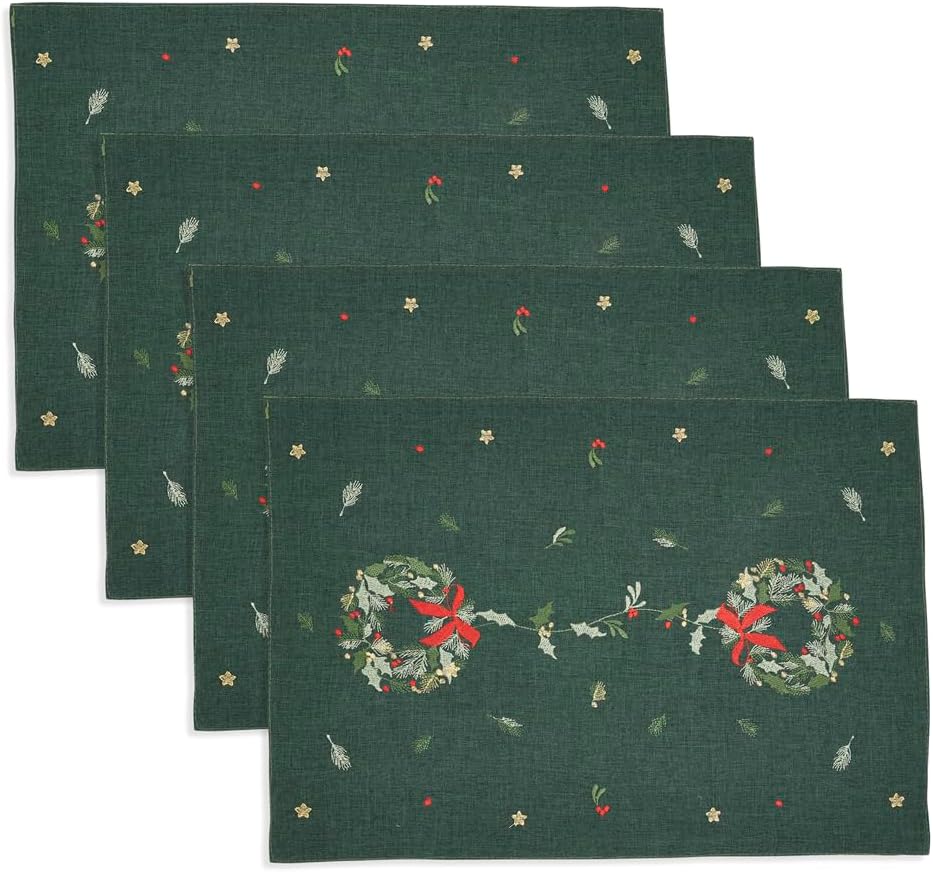 Fennco Styles Embroidered Wreath Christmas Placemats 14"×20", Set of 4