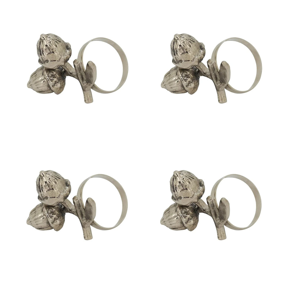Fennco Styles Harvest Acorn Brass Napkin Rings, Set of 4 - Silver Metal Napkin Holders for Holiday, Home Décor, Dining Room, Banquets, Family Gatherings and Special Occasions