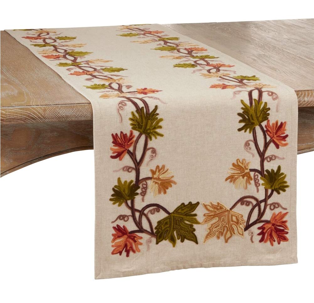 Fennco Styles Fall Leaf Embroidery Cotton Table Runner, 16" × 72" – Natural