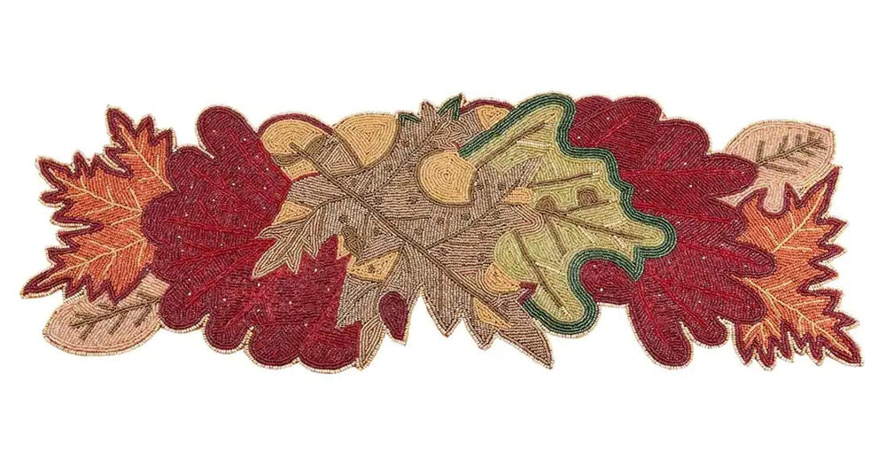 Fennco Styles Hand Beaded Fall Leaves Table Runner 13" W x 36" L - Multicolored Harvest Table Cover for Home Décor, Holidays, Family Gatherings, Banquets and Special Occasion