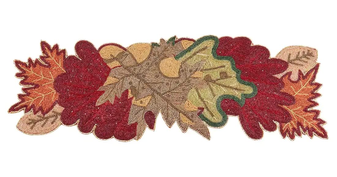 Fennco Styles Hand Beaded Fall Leaves Table Runner, 13" × 36" – Multicolor