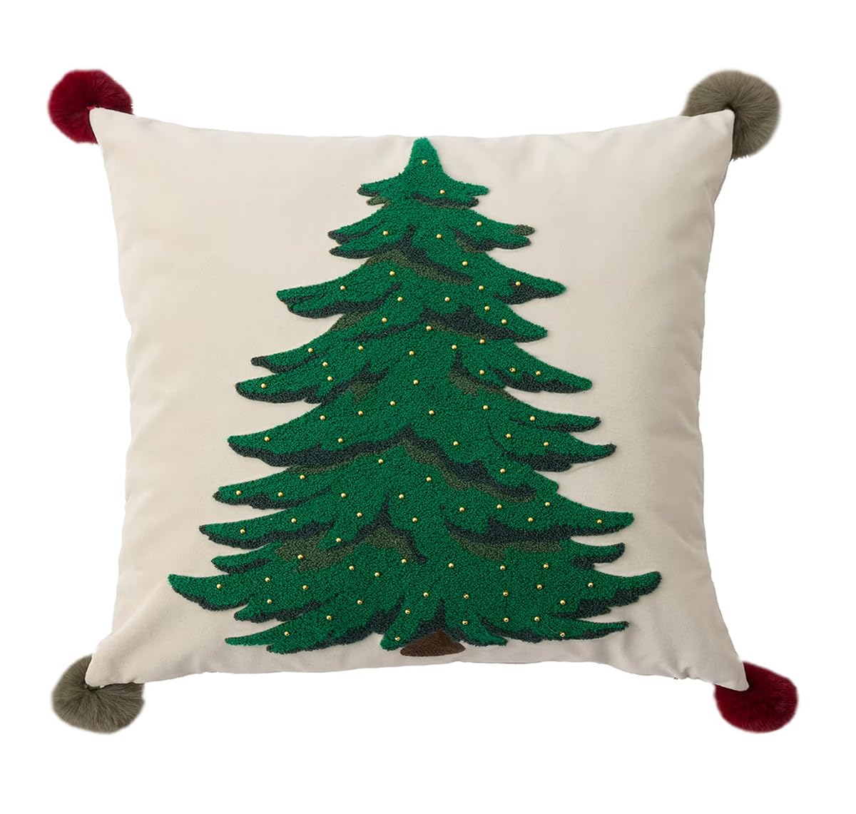 Fennco Styles Embroidered Christmas Tree Pillow Cover 18"×18" – Pom Pom Trim