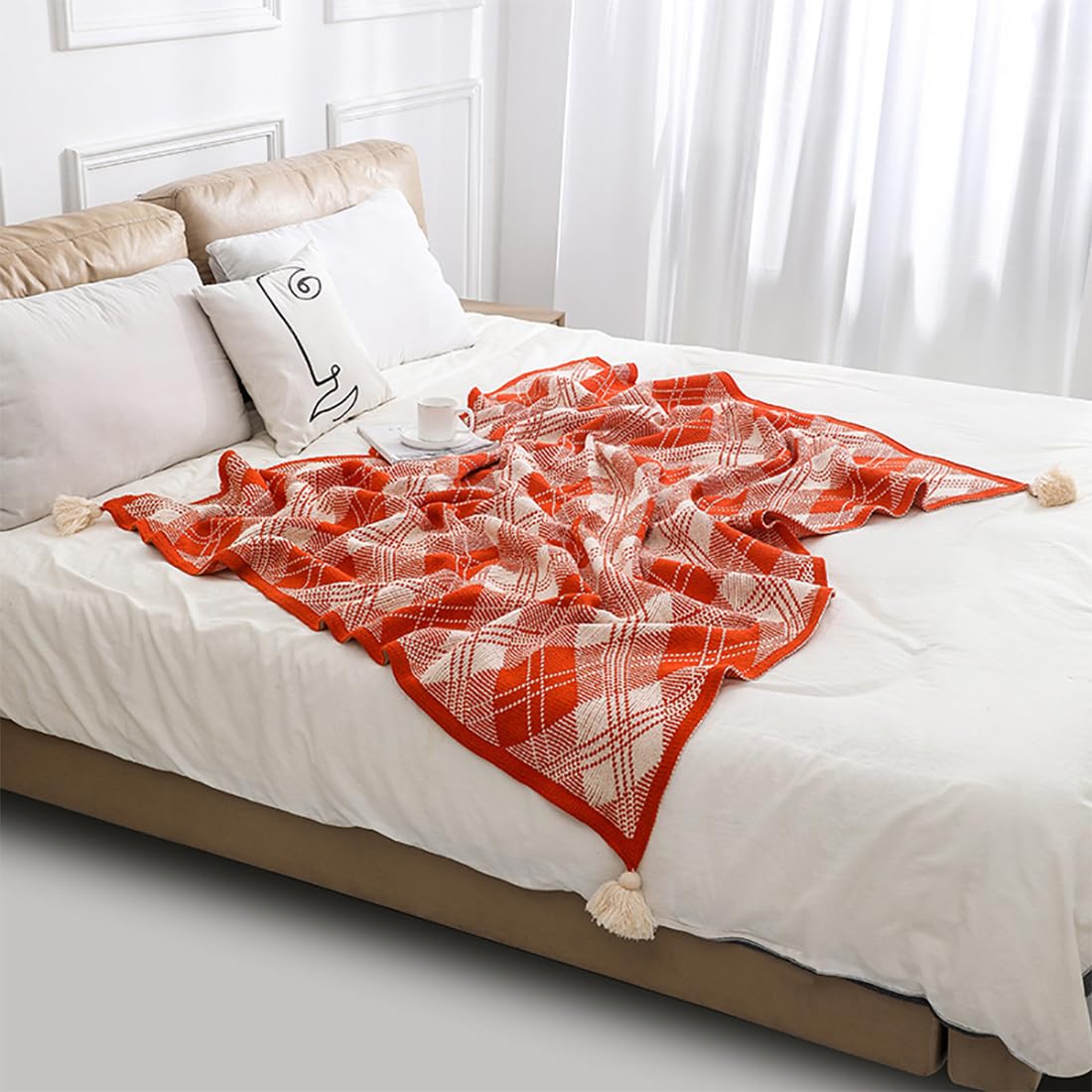 Fennco Styles Fall Plaid Knit Throw Blanket with Tassels, 50" × 60" – Orange