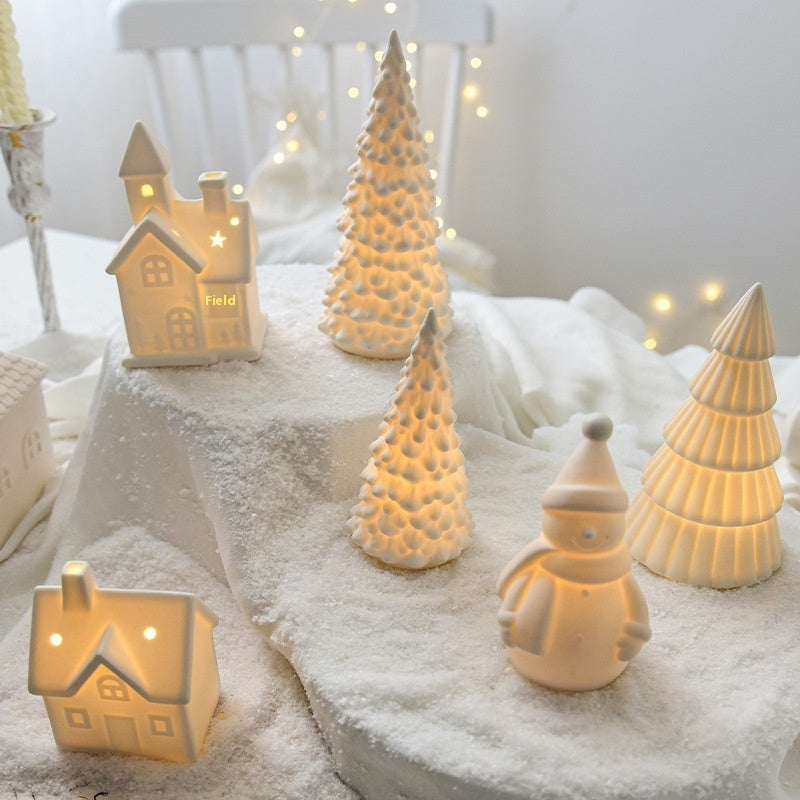 Ceramic Christmas Desktop Decoration – Tree, Snowman & Small House