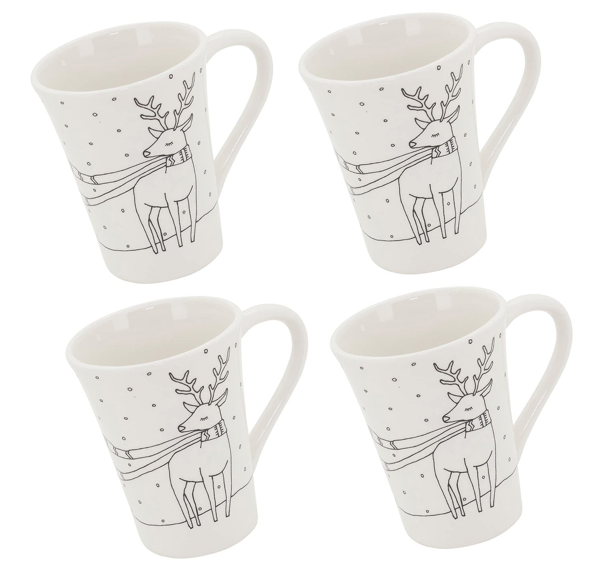 Fennco Styles Cartoon Reindeer Dolomite Mugs 4-Piece, 5”H x 3”W - White Holiday Coffee Mug Microwave Safe Beverage Set for Home, Family Gathering, Special Occasion and Christmas Décor