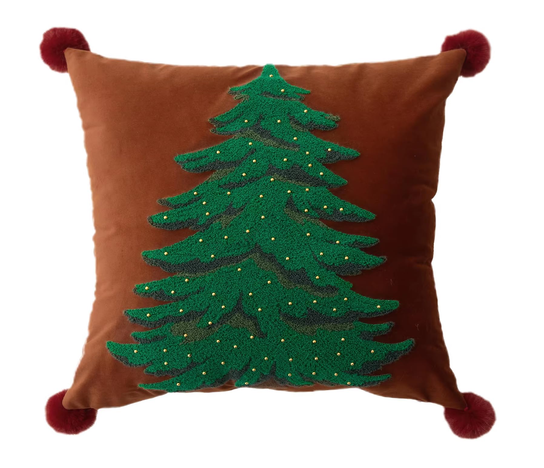 Fennco Styles Embroidered Christmas Tree Pom Pom Throw Pillow Cover 18" W x 18" L - Green Festive Cushion Case for Home, Christmas, Winter Holidays Décor, and Special Occasions