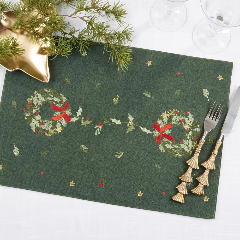 Fennco Styles Embroidered Wreath Christmas Placemats 14"×20", Set of 4