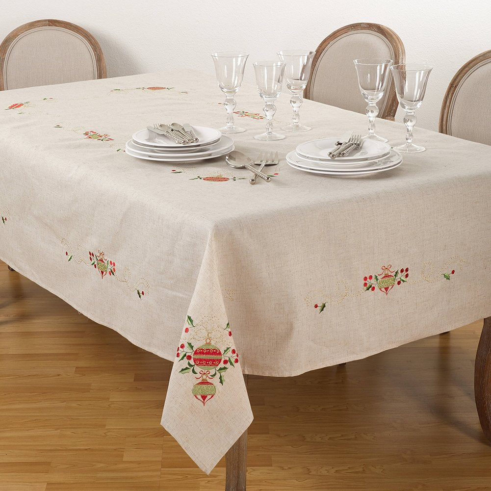Fennco Styles Embroidered Ornament Holiday Linen Blend Table Linens – Natural
