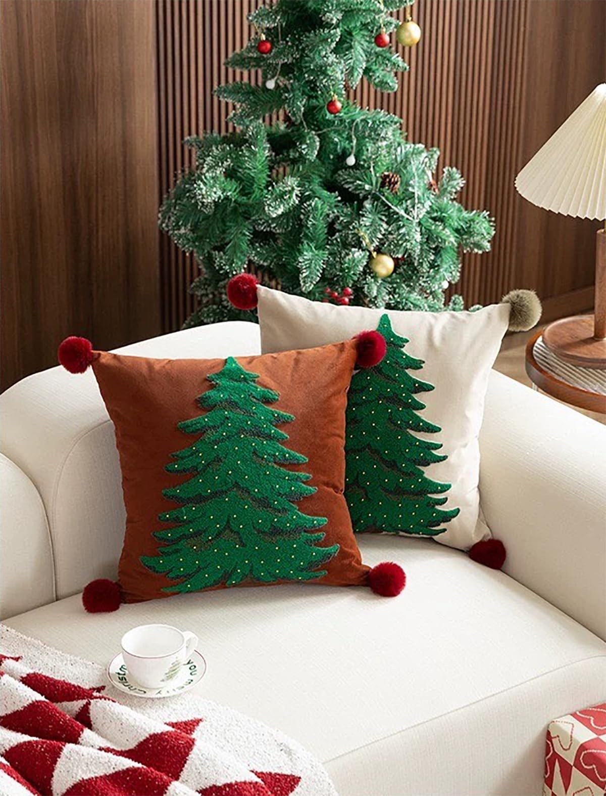 Fennco Styles Embroidered Christmas Tree Pom Pom Throw Pillow Cover 18" W x 18" L - Green Festive Cushion Case for Home, Christmas, Winter Holidays Décor, and Special Occasions