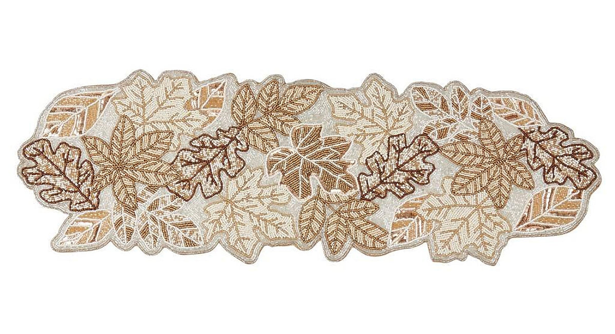 Fennco Styles Hand-Beaded Fall Leaves Table Runner, 12" × 36" – Gold