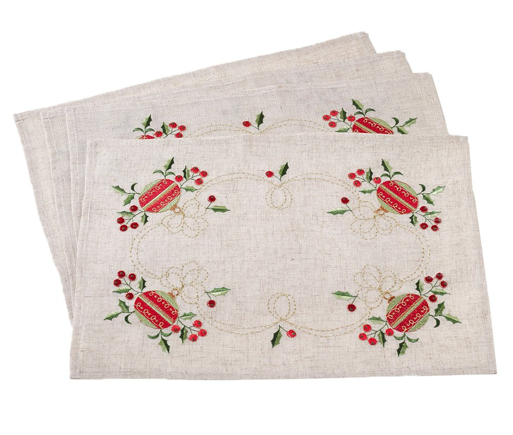 Fennco Styles Embroidered Ornament Design Christmas Holiday Linen Blend Tablecloth