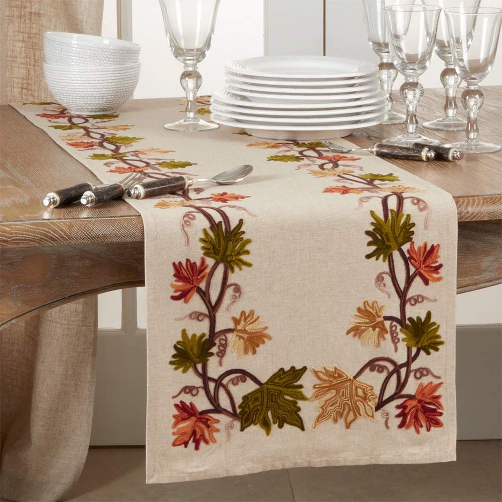 Fennco Styles Fall Leaf Embroidery Cotton Table Runner, 16" × 72" – Natural