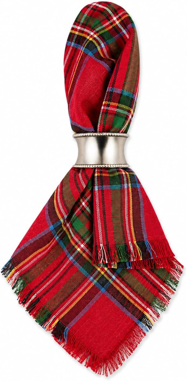 Fennco Styles Christmas Tartan Cloth Napkins with Fringe 20"×20", Set of 4