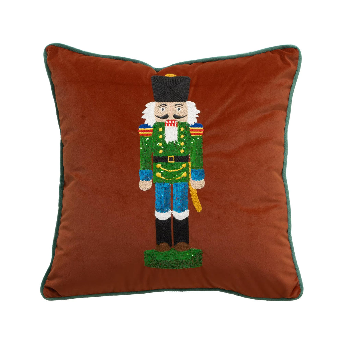 Fennco Styles Embroidered Sequin Nutcracker Velvet Throw Pillow Cover 18" W x 18" L - Green Festive Cushion Case for Home, Christmas, Winter Holidays Décor, and Special Occasions
