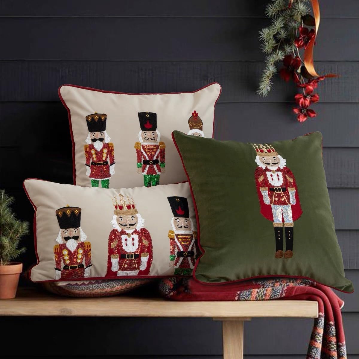 Fennco Styles Embroidered Sequin Nutcracker Velvet Throw Pillow Cover 18" W x 18" L - Green Festive Cushion Case for Home, Christmas, Winter Holidays Décor, and Special Occasions