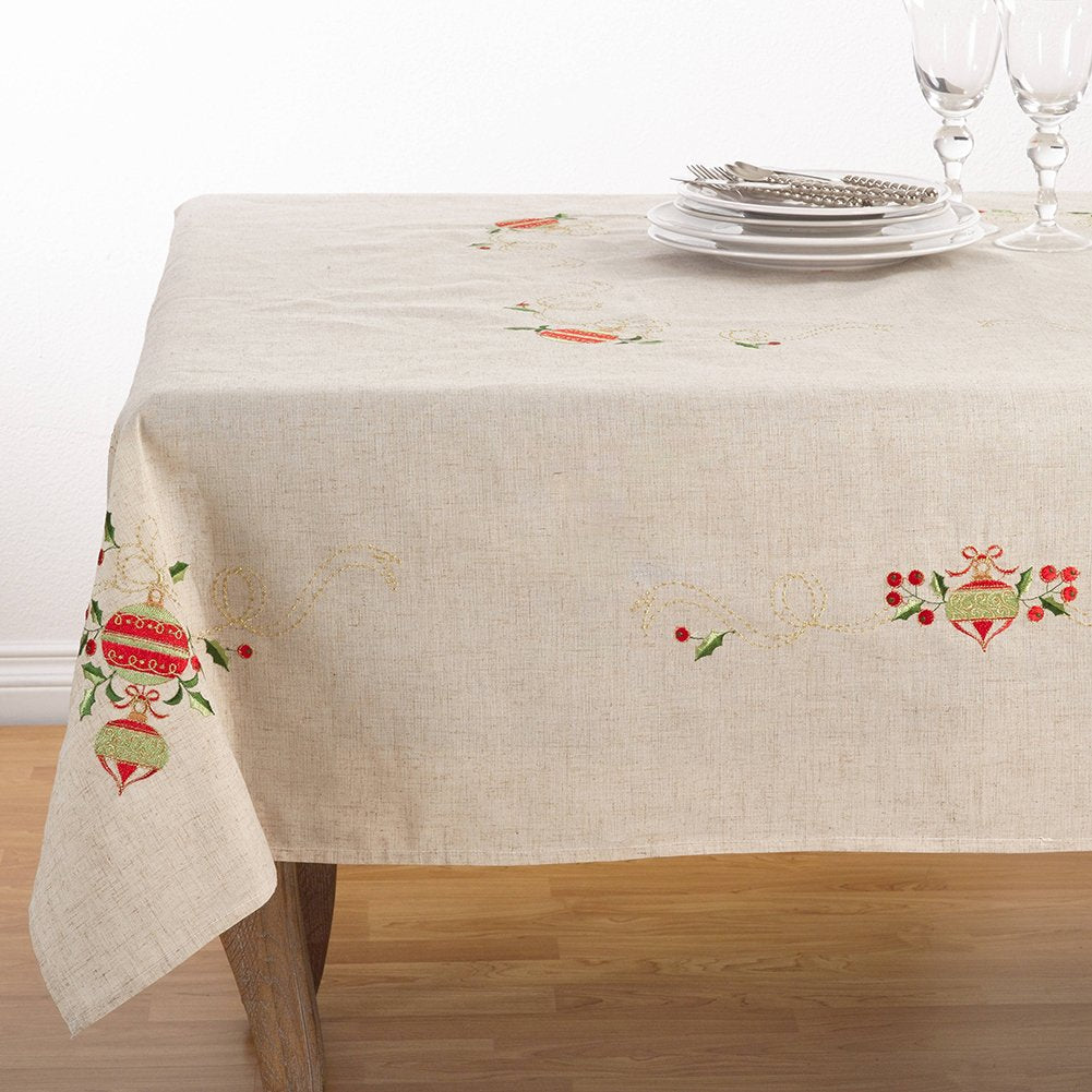 Fennco Styles Embroidered Ornament Design Christmas Holiday Linen Blend Tablecloth