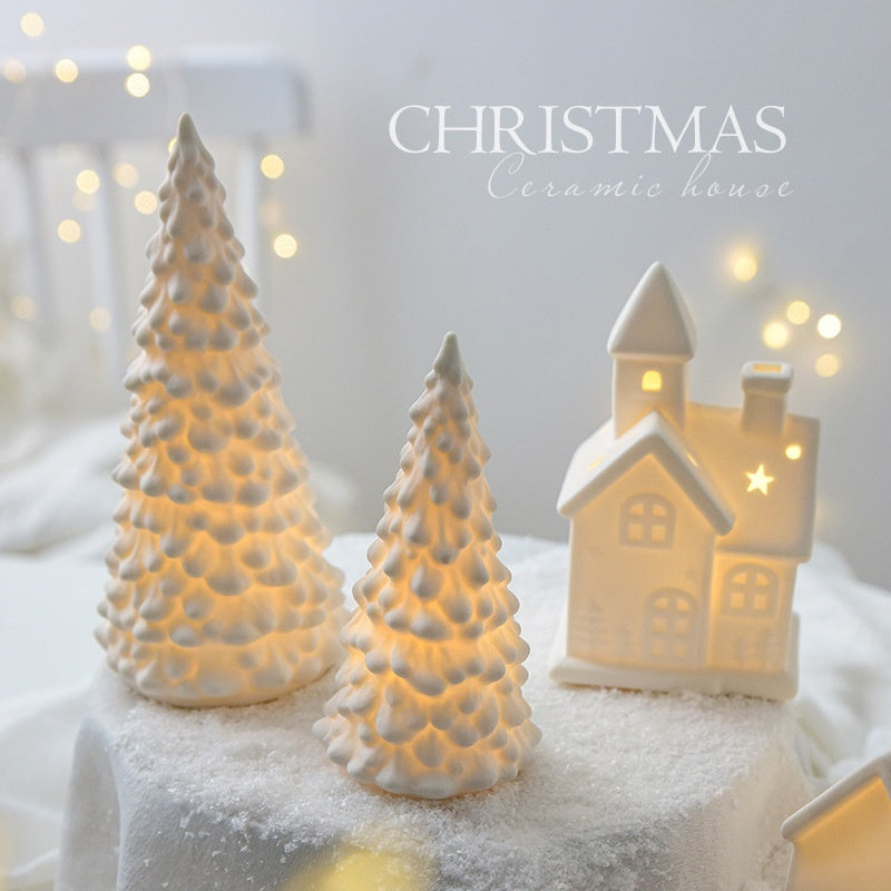 Ceramic Christmas Desktop Decoration – Tree, Snowman & Small House