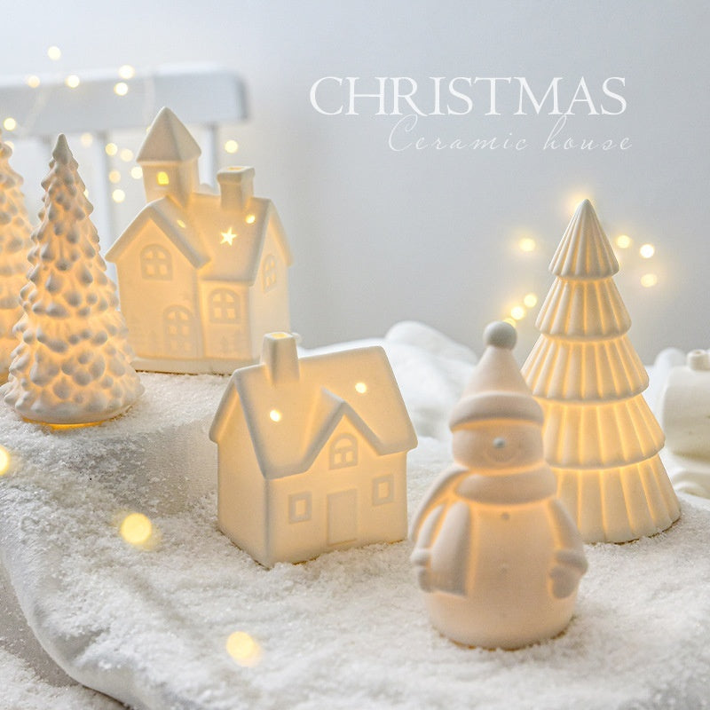 Ceramic Christmas Desktop Decoration – Tree, Snowman & Small House