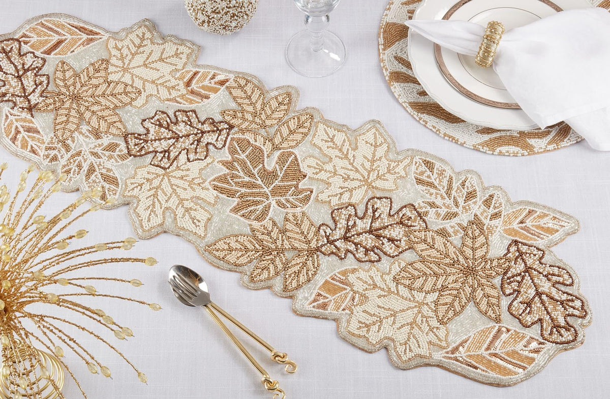 Fennco Styles Hand-Beaded Fall Leaves Table Runner, 12" × 36" – Gold