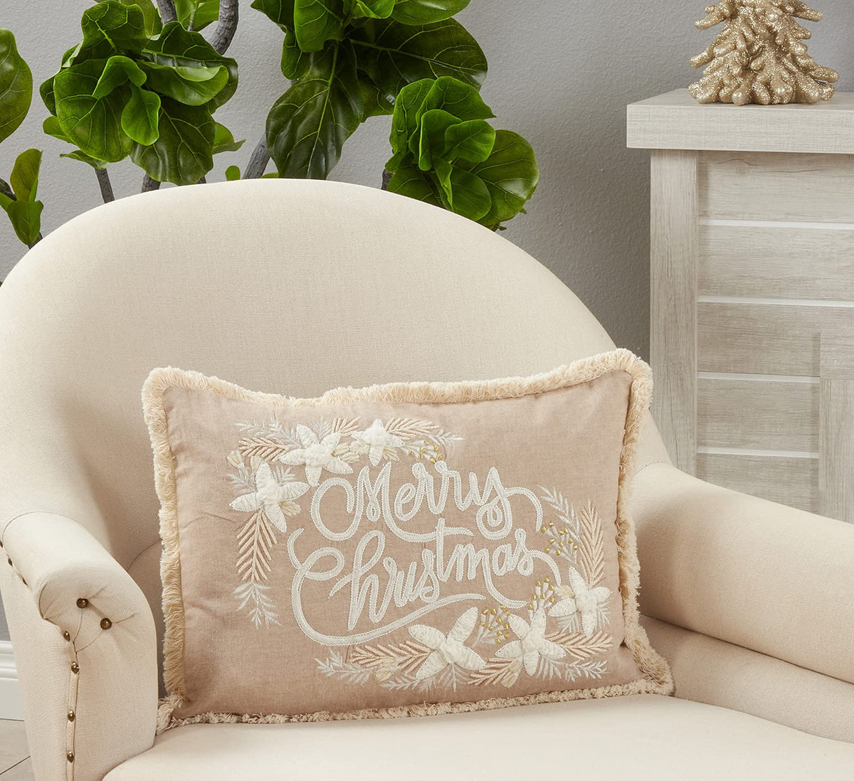 Fennco Styles Embroidered Merry Christmas Fringe Throw Pillow 14"×20"