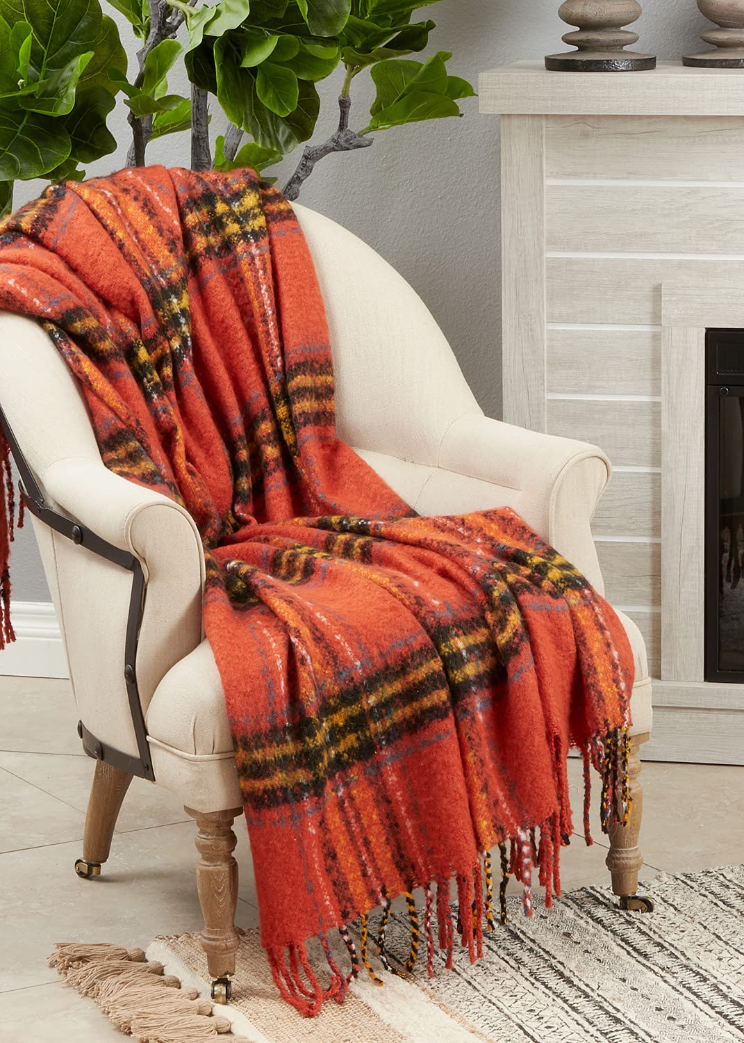 Fennco Styles Fall Plaid Tassel Throw Blanket, 50" × 60" – Orange