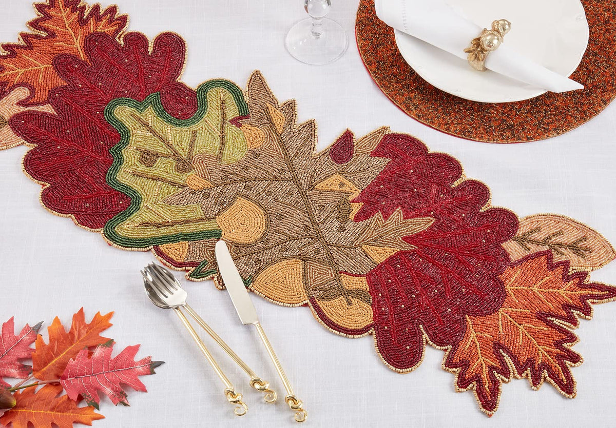 Fennco Styles Hand Beaded Fall Leaves Table Runner, 13" × 36" – Multicolor