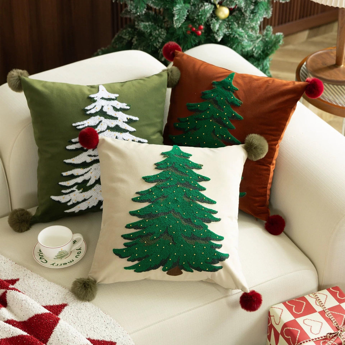 Fennco Styles Embroidered Christmas Tree Pom Pom Throw Pillow Cover 18" W x 18" L - Green Festive Cushion Case for Home, Christmas, Winter Holidays Décor, and Special Occasions