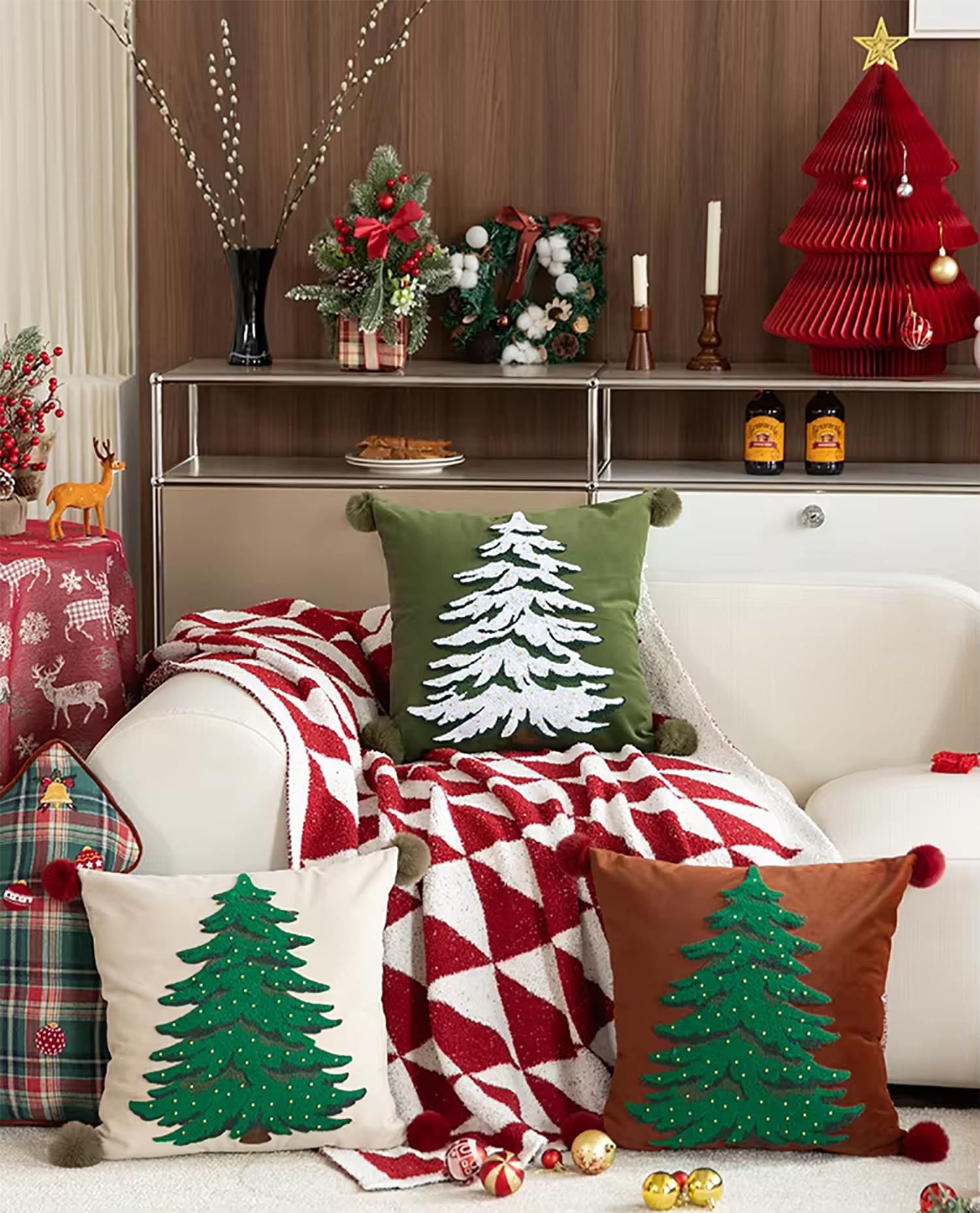 Fennco Styles Embroidered Christmas Tree Pom Pom Throw Pillow Cover 18" W x 18" L - Green Festive Cushion Case for Home, Christmas, Winter Holidays Décor, and Special Occasions