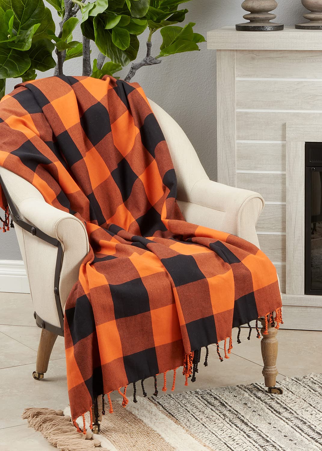 Fennco Styles Autumn Rustic Plaid Cotton Throw Blanket with Tassels, 50" × 60" – Black & Orange