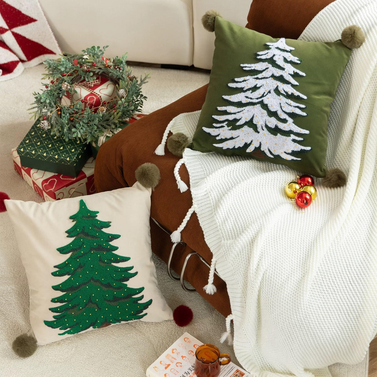 Fennco Styles Embroidered Christmas Tree Pom Pom Throw Pillow Cover 18" W x 18" L - Green Festive Cushion Case for Home, Christmas, Winter Holidays Décor, and Special Occasions
