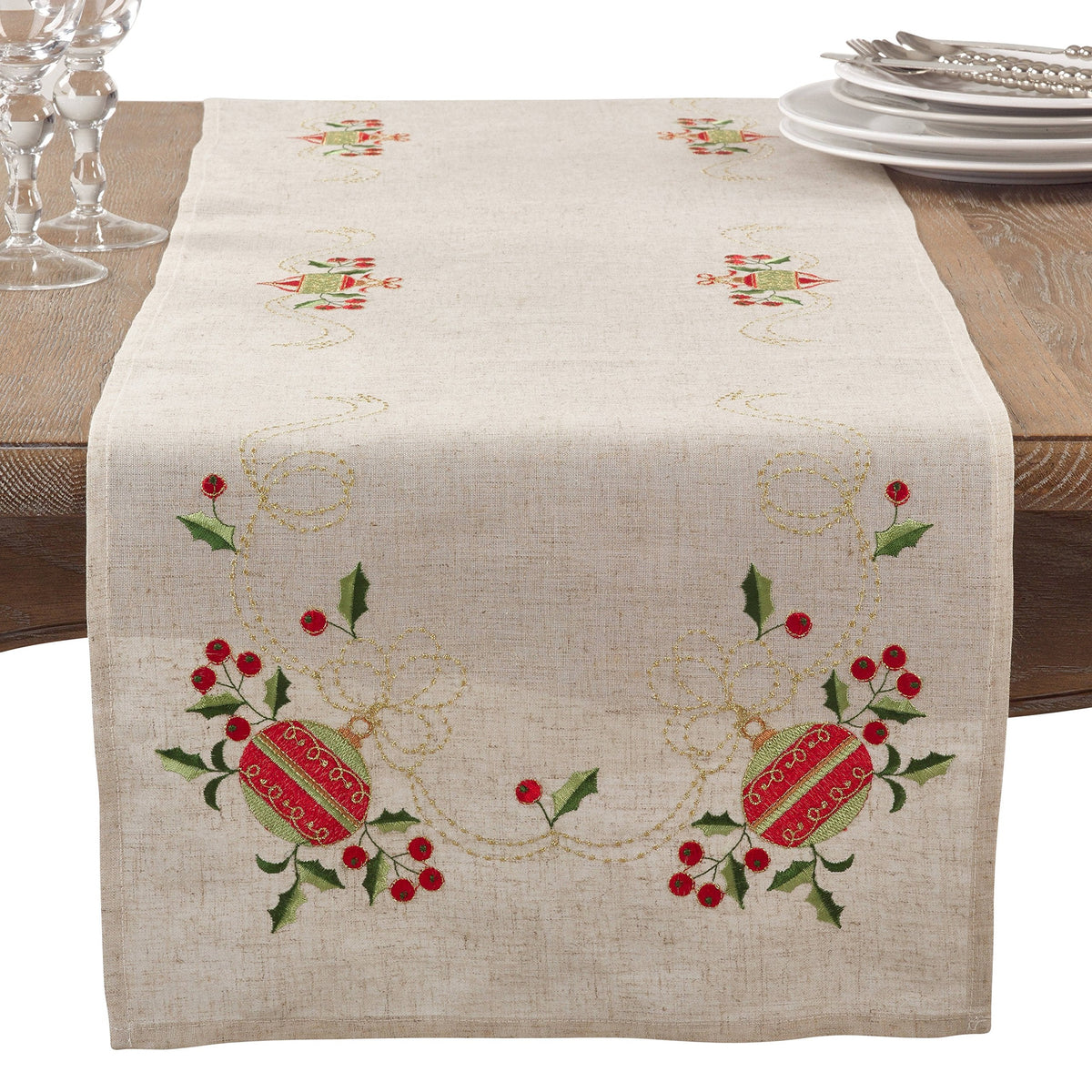 Fennco Styles Embroidered Ornament Holiday Linen Blend Table Linens – Natural
