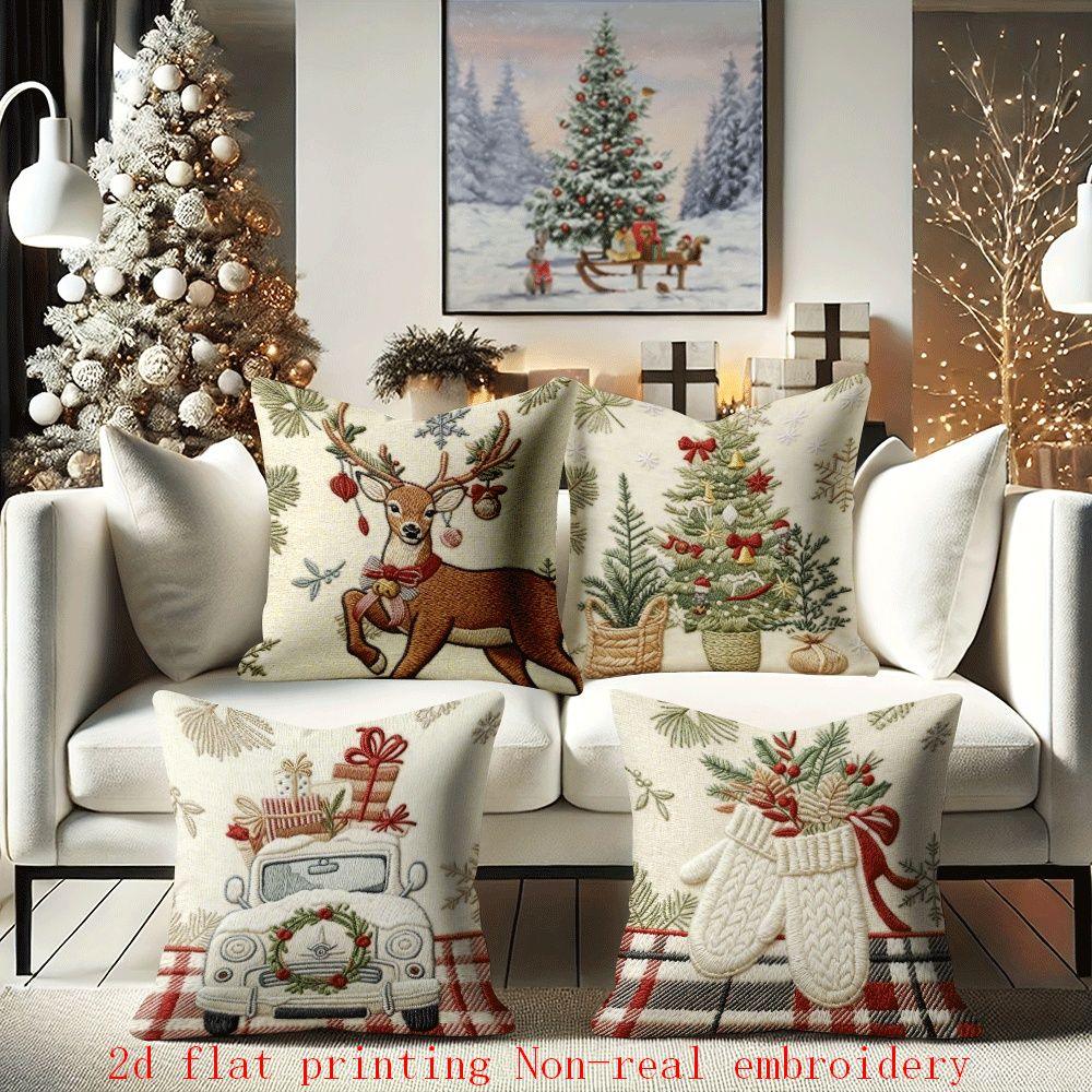Cotton Pillow Covers with Embroidered Christmas Tree, 17.72" x 17.72" Zipper Cushion Cover
