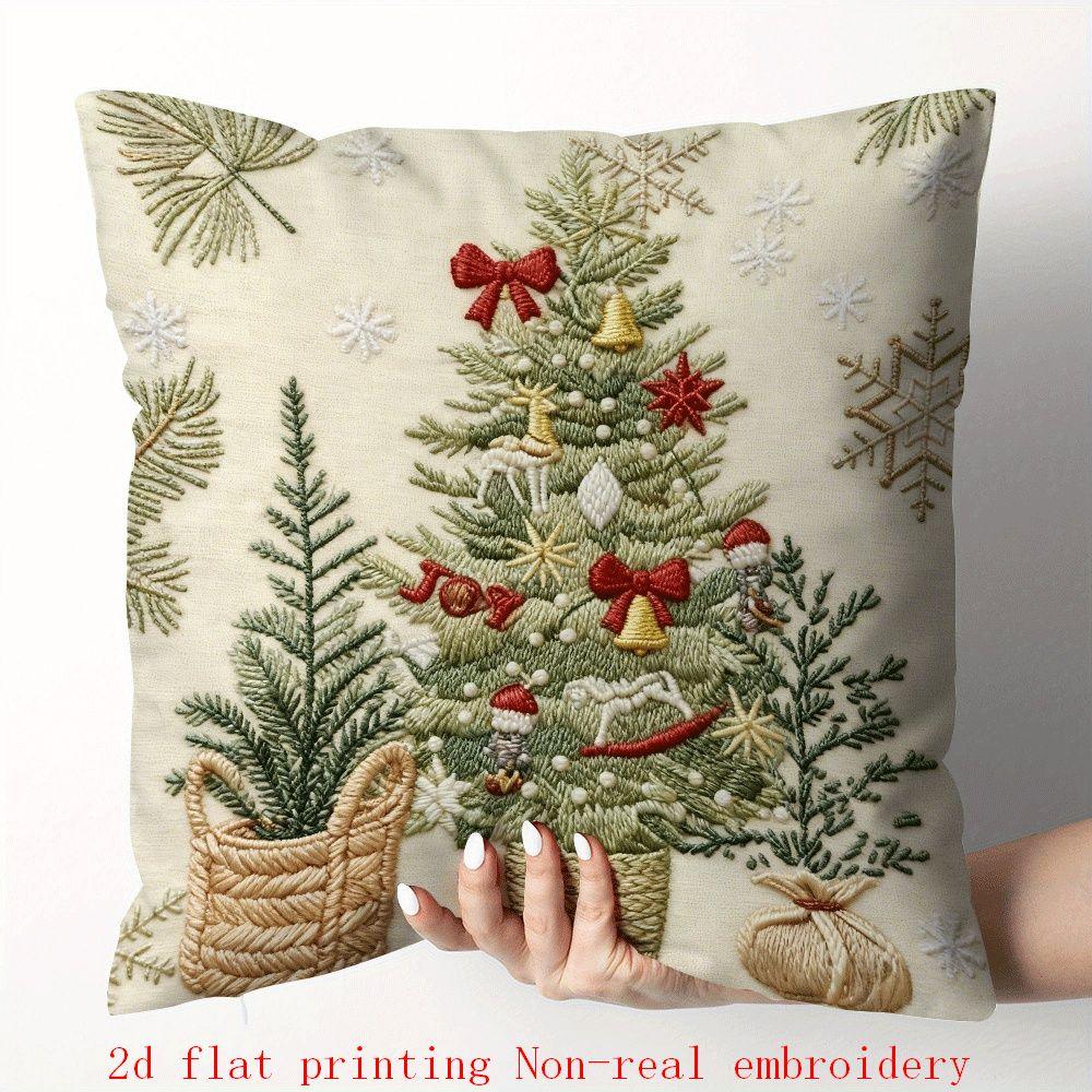 Cotton Pillow Covers with Embroidered Christmas Tree, 17.72" x 17.72" Zipper Cushion Cover